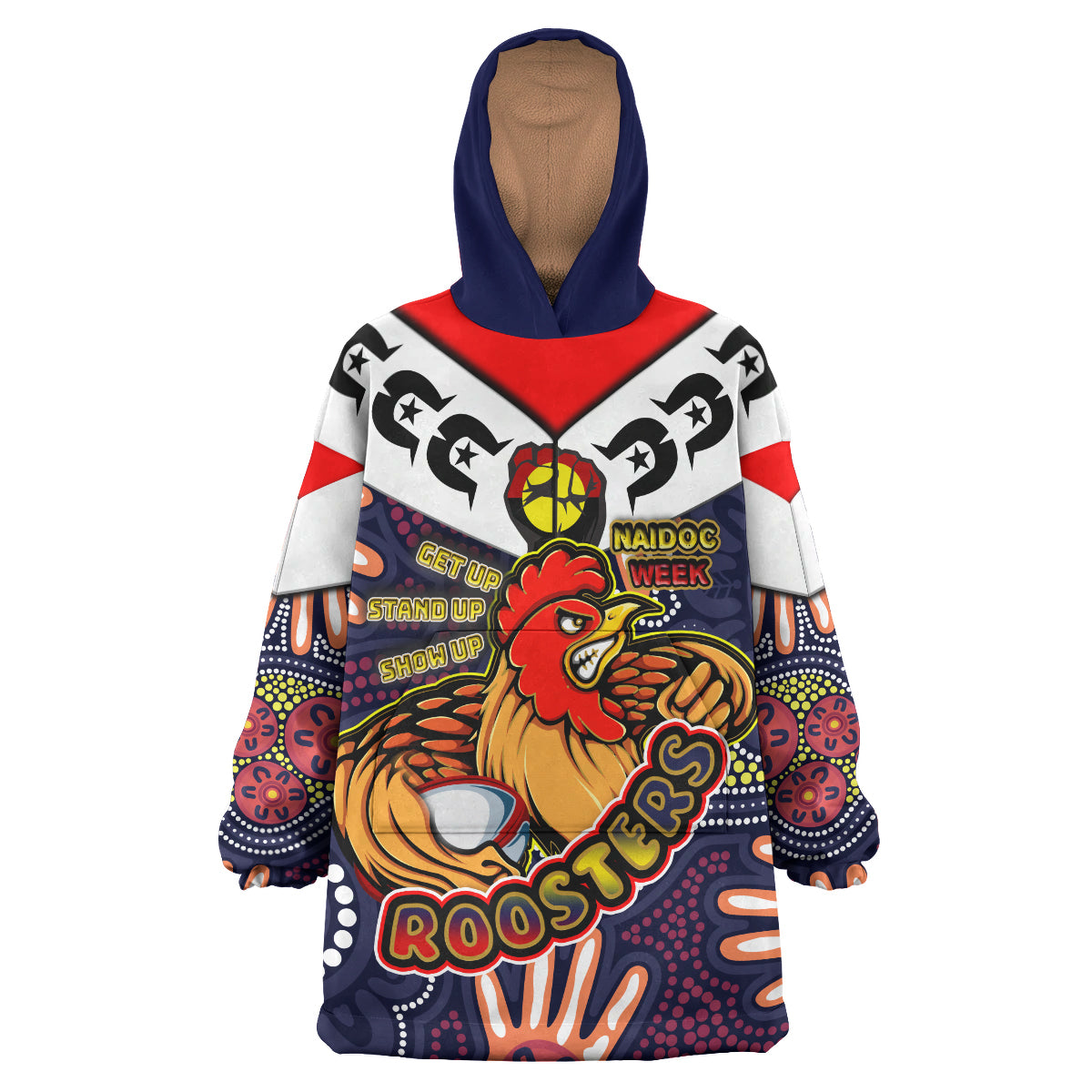 Roosters Rugby Snug Hoodie - Custom Naidoc Week Roosters Rugby Ball With Aboriginal Dot Painting Pattern Wearable Blanket Hoodie RLT14 - Vibe Hoodie Shop