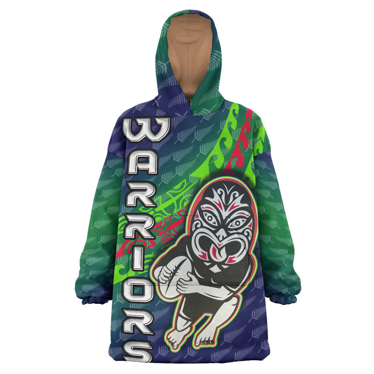 Warriors Rugby Snug Hoodie - Cusstom Rugby Player Maori Mask With Fern Pattern Wearable Blanket Hoodie RLT14 - Vibe Hoodie Shop