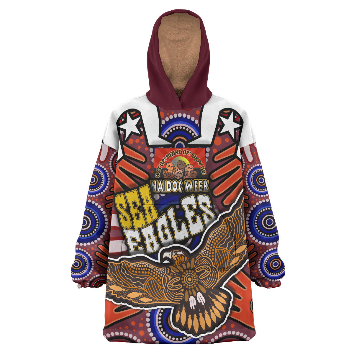 Sea Eagles Rugby Snug Hoodie - Custom Naidoc Week Eagle Aboriginal Dot Artwork ''Get up, Stand Up, Show Up'' Aboriginal Culture Wearable Blanket Hoodie RLT14 - Vibe Hoodie Shop
