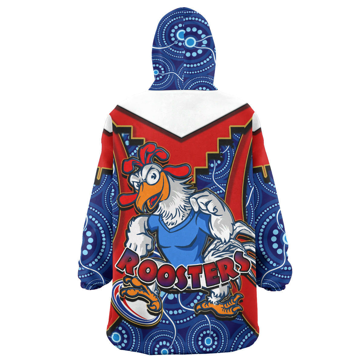Roosters Rugby Snug Hoodie - Custom Rooster With Rugby Ball Aboriginal Dot Painting Personalised Player And Number Wearable Blanket Hoodie RLT14 - Vibe Hoodie Shop