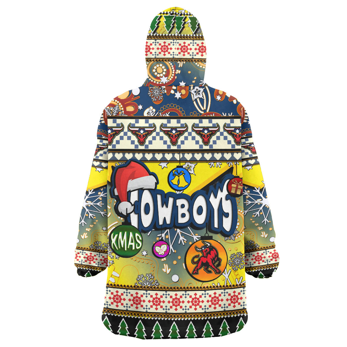 Cowboys Rugby Christmas Snug Hoodie - Custom Xmas Cowboys Christmas Balls, Snowflake With Aboriginal Patterns Wearable Blanket Hoodie - Vibe Hoodie Shop