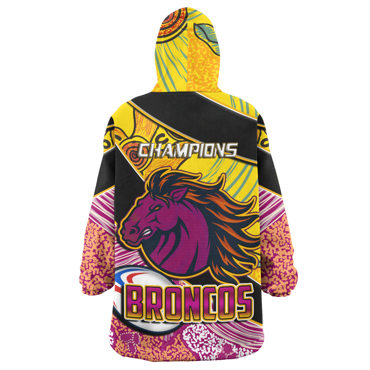 Broncos Rugby Snug Hoodie - Custom Broncos Horse Rugby with Aboriginal Dot Painting Personalised Player And Number Wearable Blanket Hoodie RLT14 - Vibe Hoodie Shop