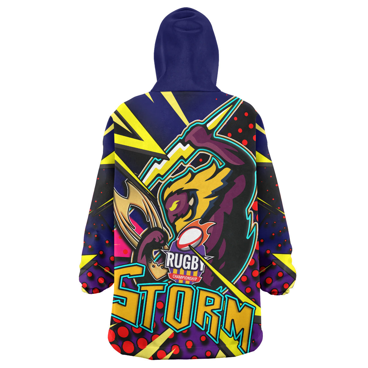 Storm Rugby Snug Hoodie - Custom Storm And Thunder Rugby NRL Grand Final Style Of Dot Background Personalised Player And Number Wearable Blanket Hoodie - Vibe Hoodie Shop
