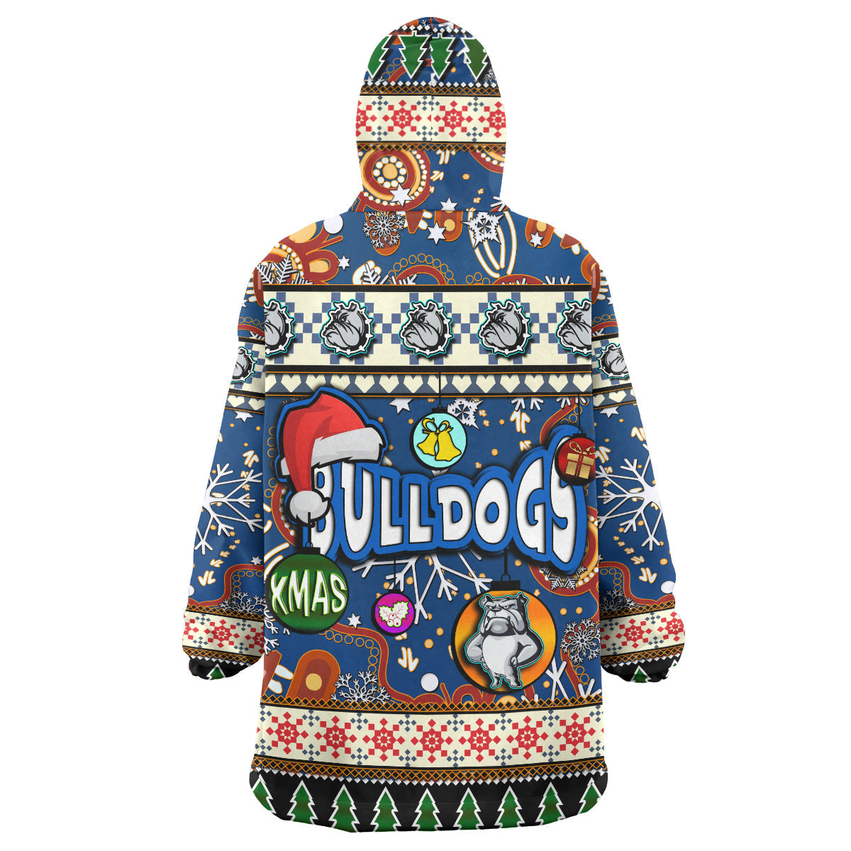 Bulldogs Rugby Christmas Snug Hoodie - Custom Xmas Bulldogs Christmas Balls, Snowflake With Aboriginal Patterns Wearable Blanket Hoodie - Vibe Hoodie Shop