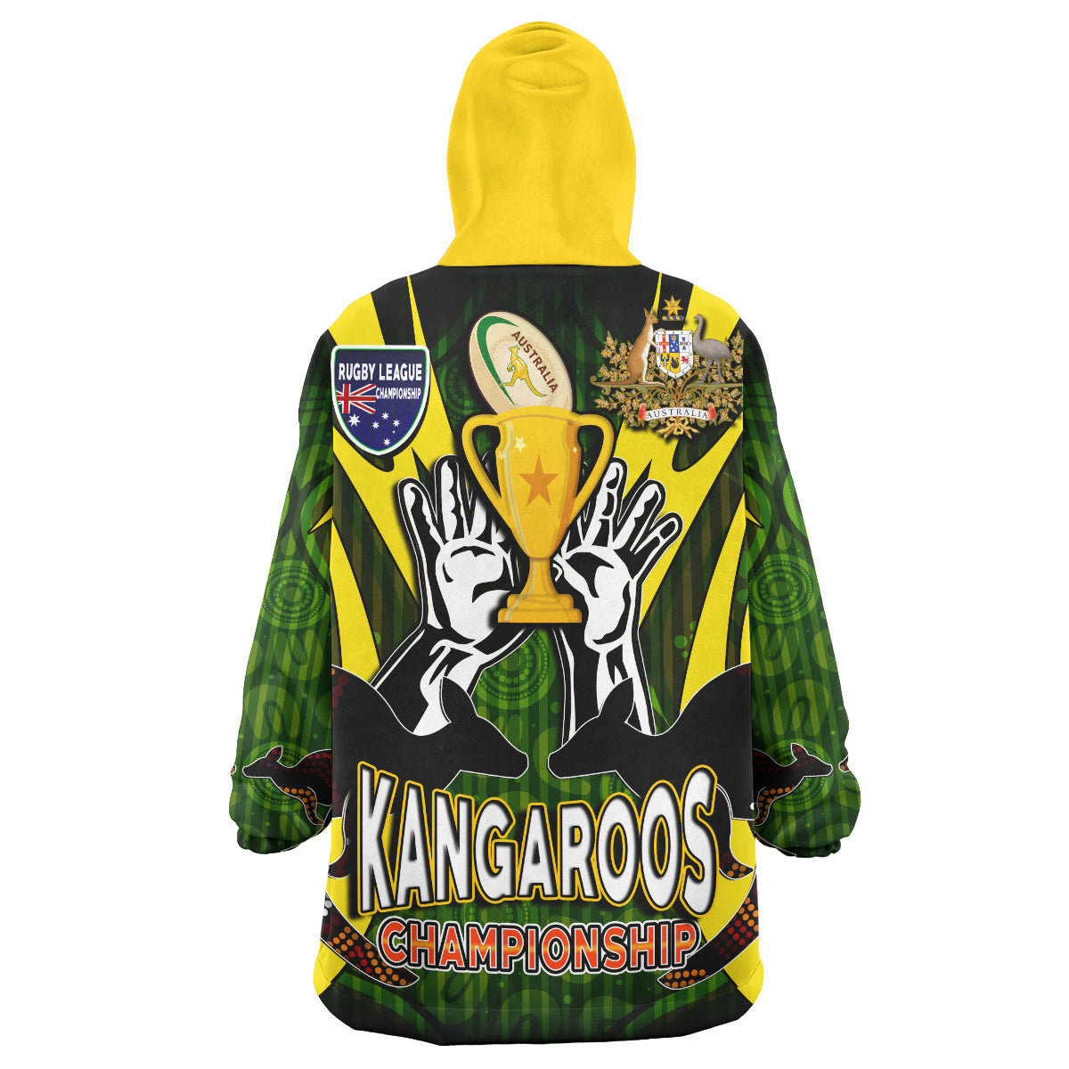 Kangaroos Rugby Snug Hoodie - Custom Kangaroo Rugby League Coat Of Arms Aboriginal Culture Personalised Player And Number Wearable Blanket Hoodie - Vibe Hoodie Shop
