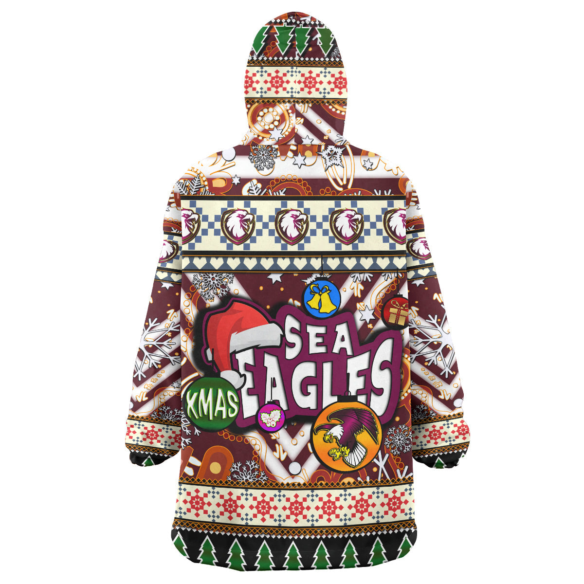 Sea Eagle Rugby Christmas Snug Hoodie - Custom Xmas Sea Eagle Christmas Balls, Snowflake With Aboriginal Patterns Wearable Blanket Hoodie - Vibe Hoodie Shop