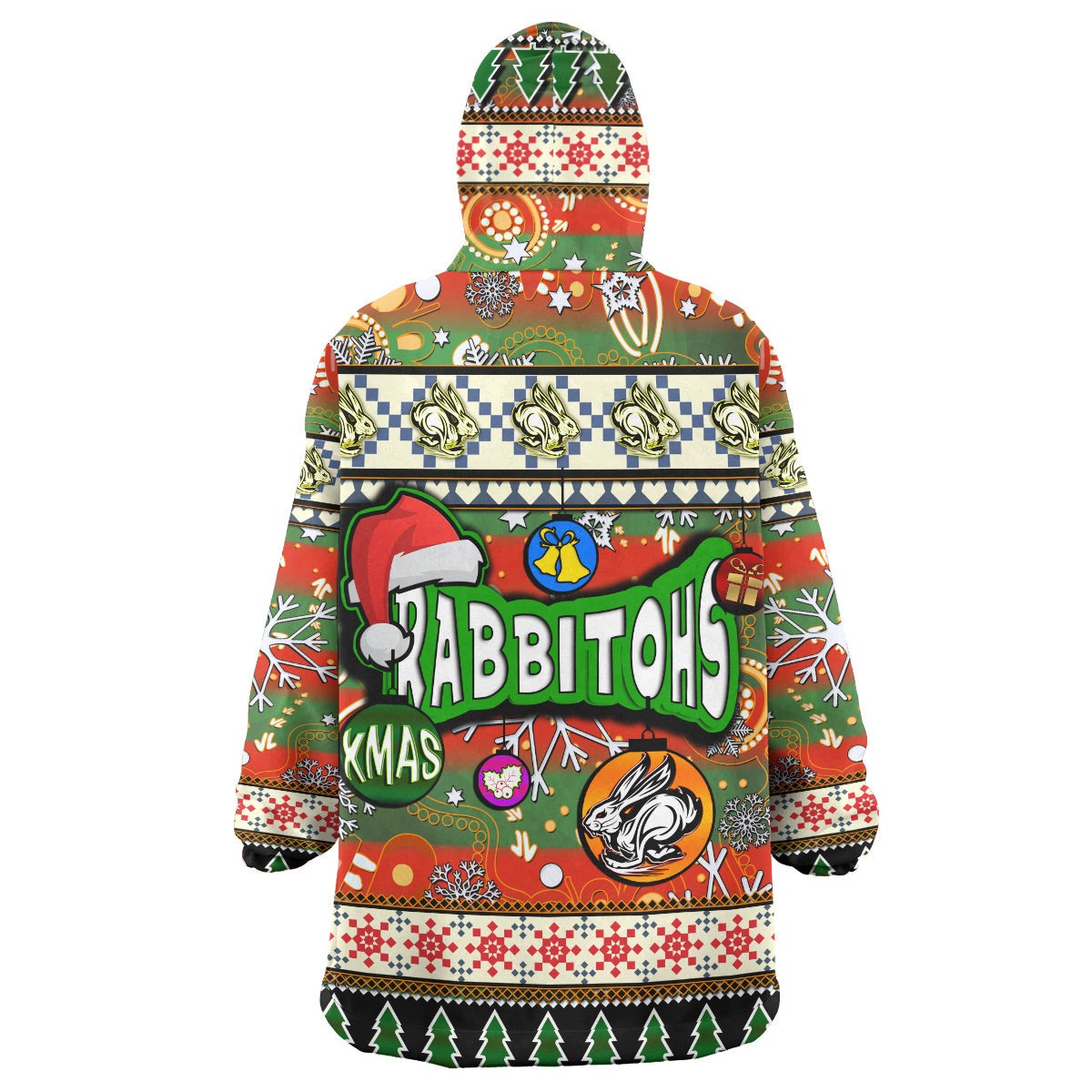 Rabbitohs Rugby Christmas Snug Hoodie - Custom Xmas Rabbitohs Christmas Balls, Snowflake With Aboriginal Patterns Wearable Blanket Hoodie - Vibe Hoodie Shop