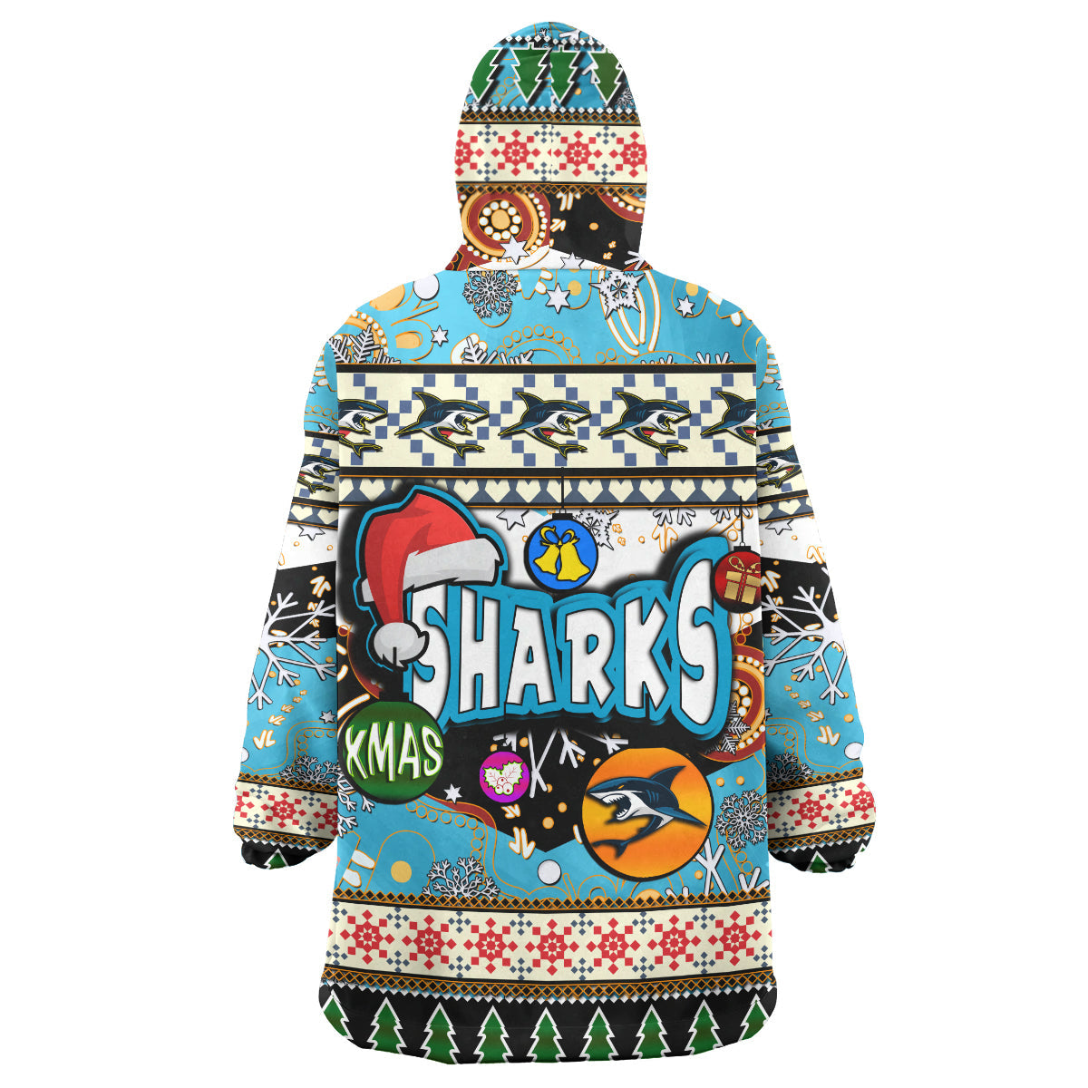 Sharks Rugby Christmas Snug Hoodie - Custom Xmas Sharks Christmas Balls, Snowflake With Aboriginal Patterns Wearable Blanket Hoodie - Vibe Hoodie Shop