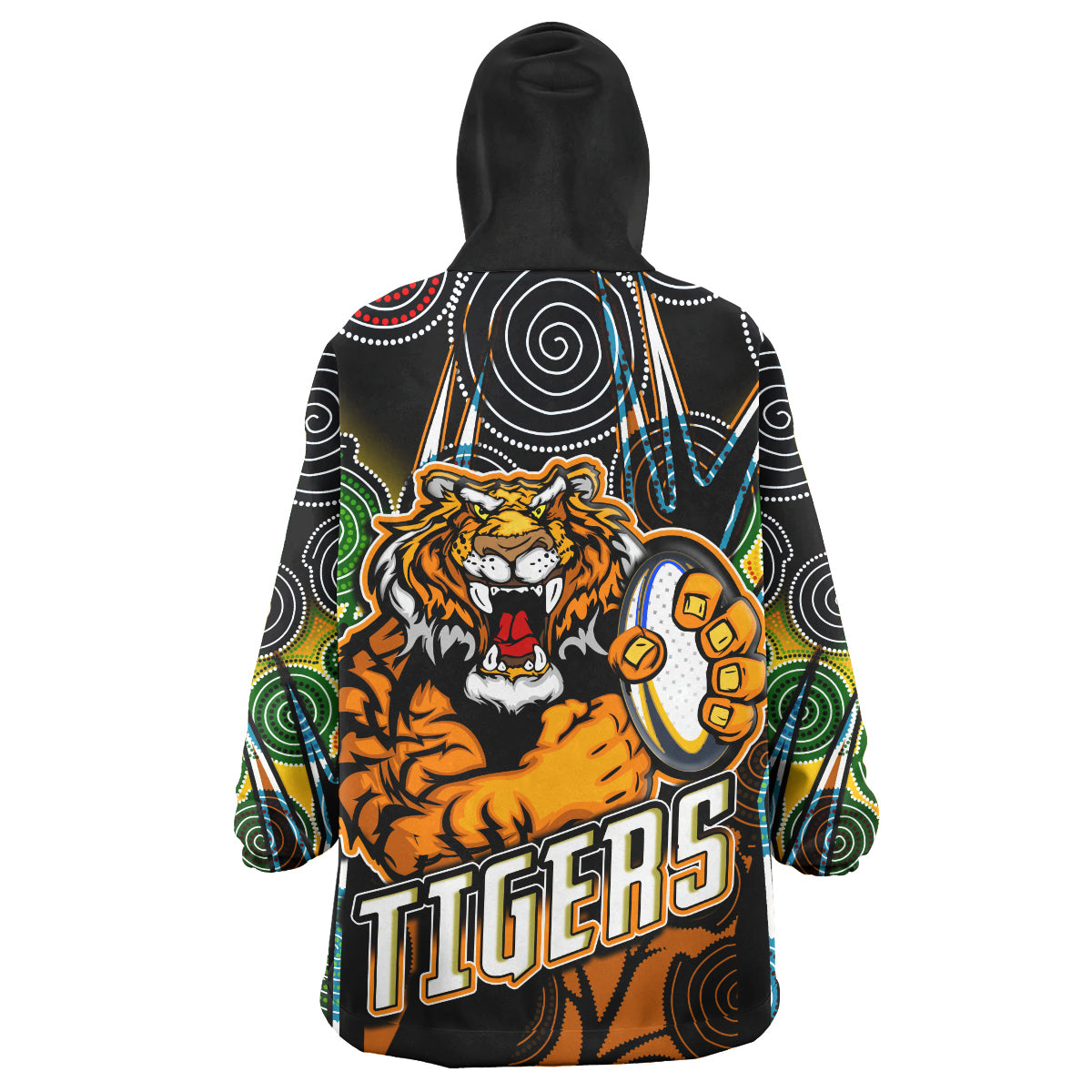 Tigers Rugby Snug Hoodie - Custom Tiger Rugby Ball Aboriginal Art Vector Painting Personalised Player And Number Wearable Blanket Hoodie RLT14 - Vibe Hoodie Shop