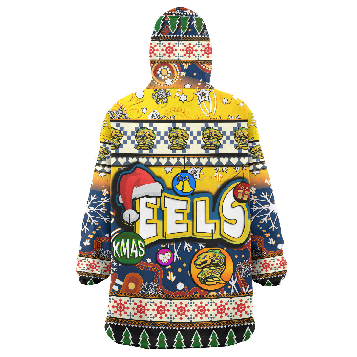 Eels Rugby Christmas Snug Hoodie - Custom Xmas Eels Christmas Balls, Snowflake With Aboriginal Patterns Wearable Blanket Hoodie - Vibe Hoodie Shop