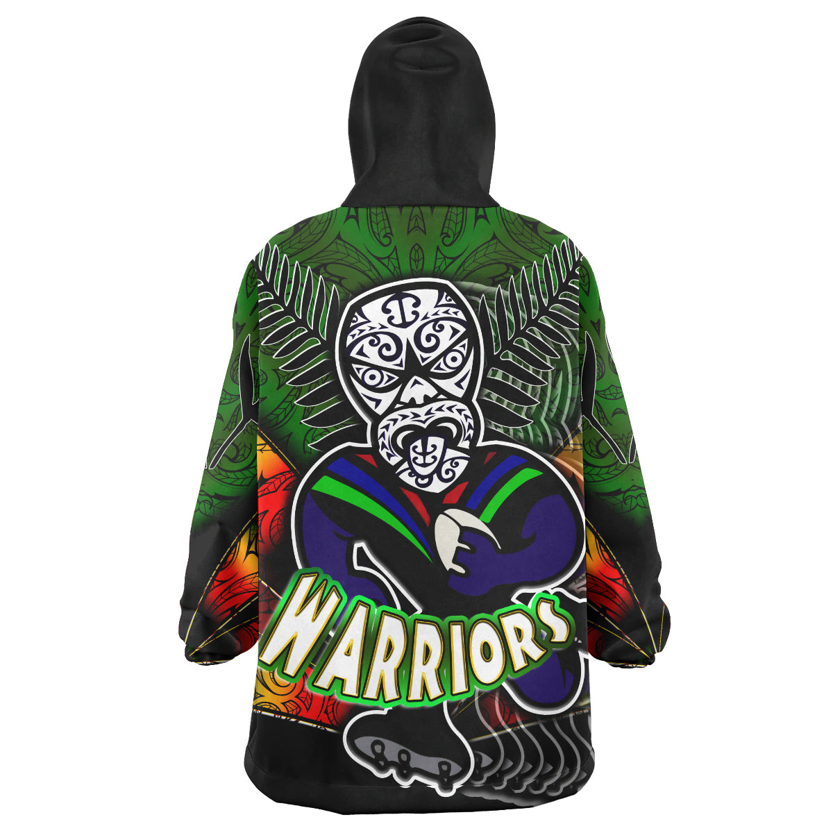 Warriors Rugby Snug Hoodie - Custom Warrios Maori Mask Rugby Player Maori Style Ethnic Ornament Pattern Player And Number Wearable Blanket Hoodie - Vibe Hoodie Shop