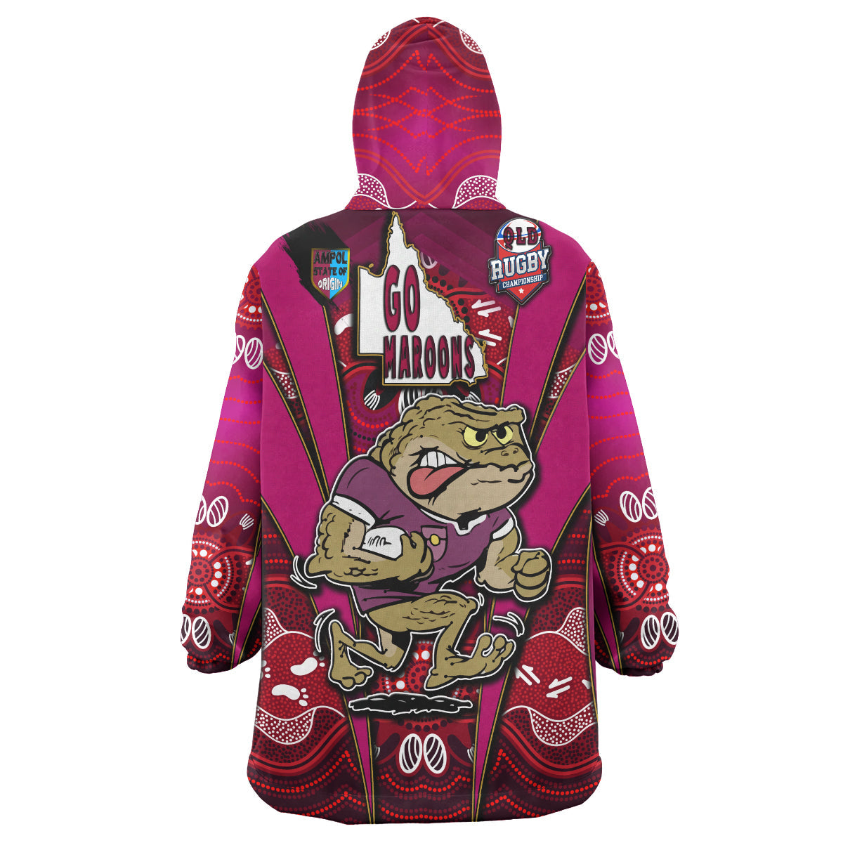 Queensland Rugby League Team Snug Hoodie - Custom Queensland Maroons Mascot With Aboriginal Art STATE OF ORIGIN Wearable Blanket Hoodie - Vibe Hoodie Shop