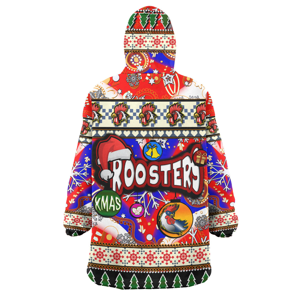 Roosters Rugby Christmas Snug Hoodie - Custom Xmas Roosters Christmas Balls, Snowflake With Aboriginal Patterns Wearable Blanket Hoodie - Vibe Hoodie Shop