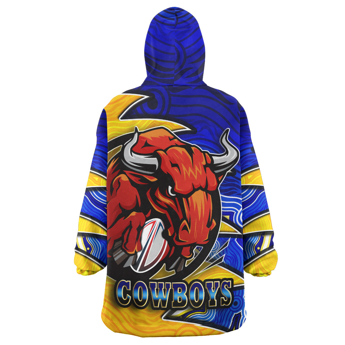 Cowboys Rugby Snug Hoodie - Custom Bull Rugby Ball With Aboriginal Style Pattern Personalised Player And Number Wearable Blanket Hoodie RLT14 - Vibe Hoodie Shop