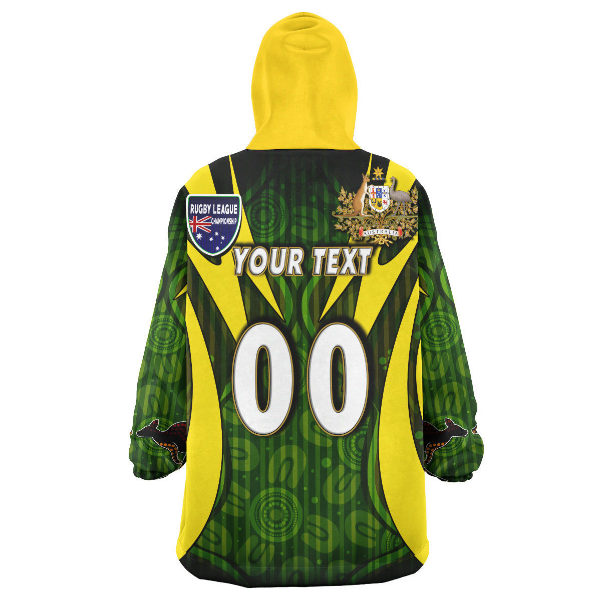 Kangaroos Rugby Snug Hoodie - Custom Kangaroo Rugby League Coat Of Arms Aboriginal Culture Personalised Player And Number Wearable Blanket Hoodie - Vibe Hoodie Shop