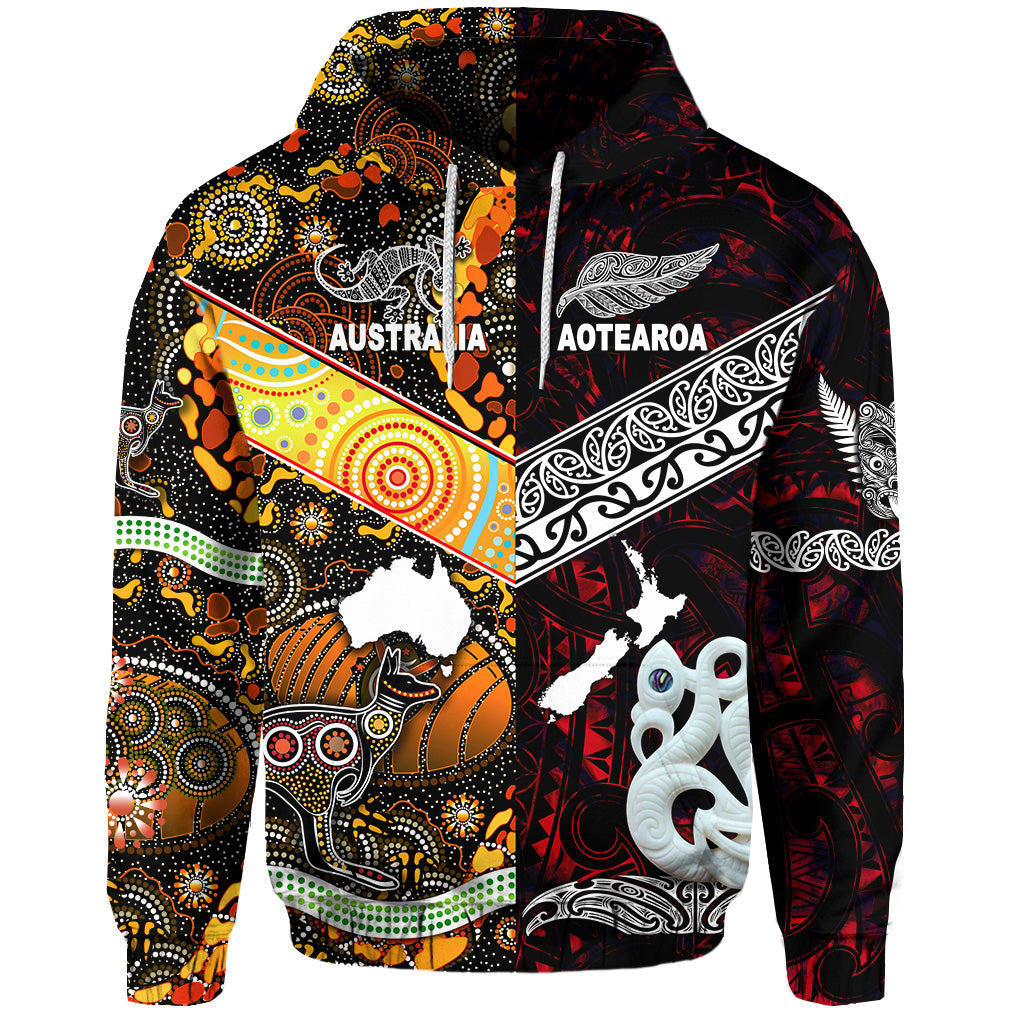 (Custom Personalised) New Zealand Maori Aotearoa And Australia Aboriginal Hoodie Together - Red, Custom Text And Number LT8 - Vibe Hoodie Shop