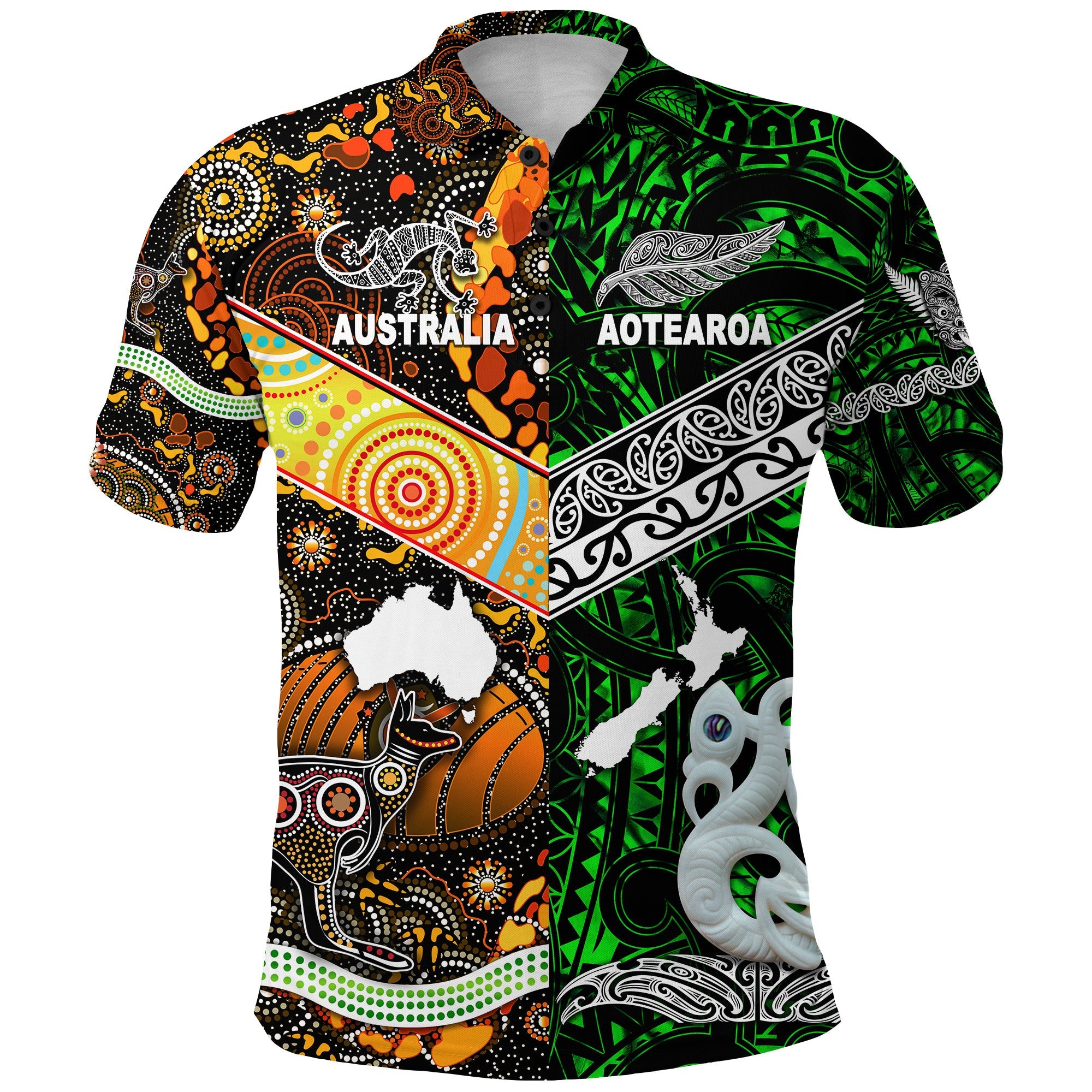 (Custom Personalised) New Zealand Maori Aotearoa And Australia Aboriginal Polo Shirt Together - Green, Custom Text And Number - Vibe Hoodie Shop