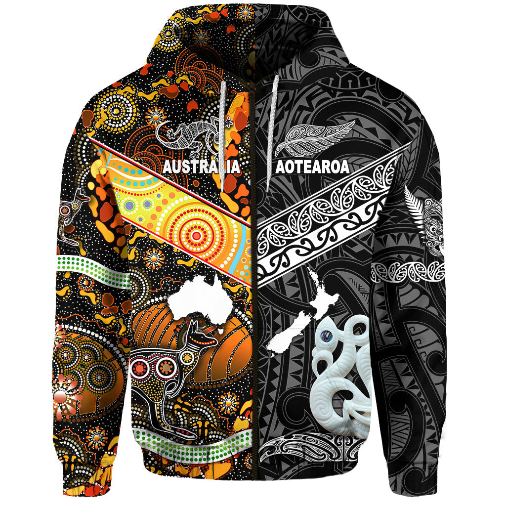 New Zealand Maori Aotearoa And Australia Aboriginal Zip Hoodie Together - Black LT8 - Vibe Hoodie Shop