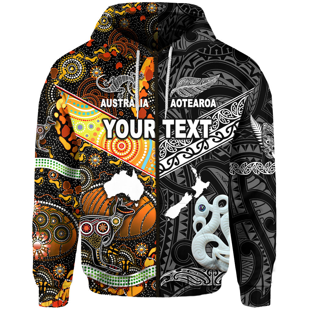 (Custom Personalised) New Zealand Maori Aotearoa And Australia Aboriginal Zip Hoodie Together - Black LT8 - Vibe Hoodie Shop