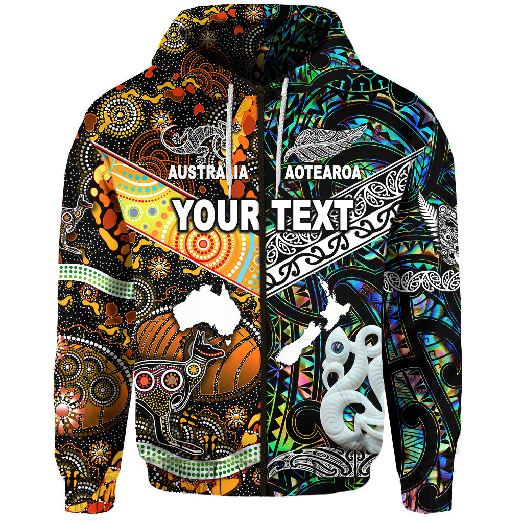 (Custom Personalised) New Zealand Maori Aotearoa And Australia Aboriginal Zip Hoodie Together - Paua Shell LT8 - Vibe Hoodie Shop