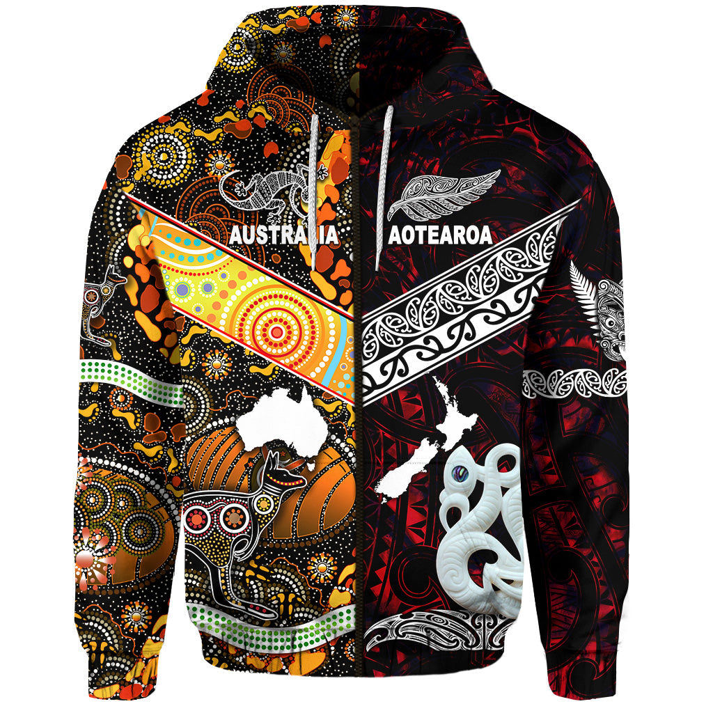 New Zealand Maori Aotearoa And Australia Aboriginal Zip Hoodie Together - Red LT8 - Vibe Hoodie Shop