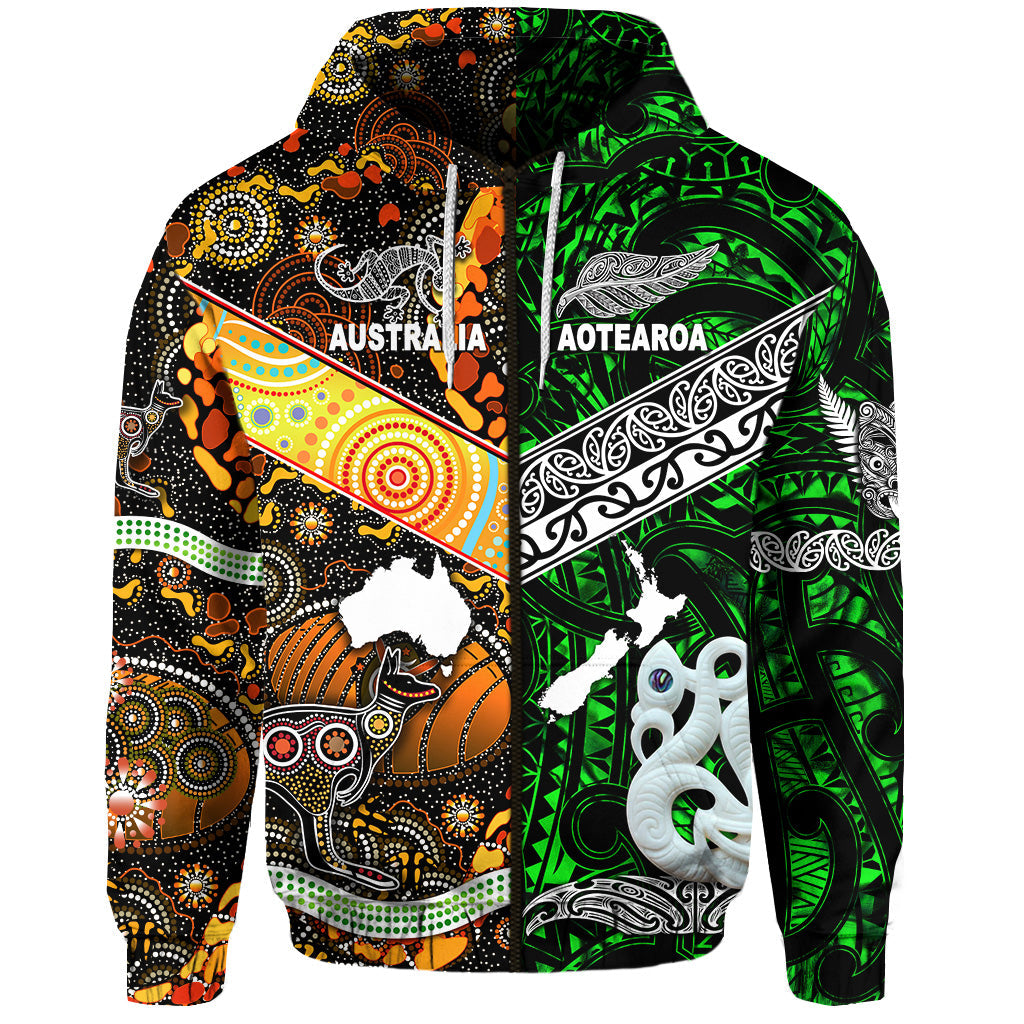 New Zealand Maori Aotearoa And Australia Aboriginal Zip Hoodie Together - Green LT8 - Vibe Hoodie Shop