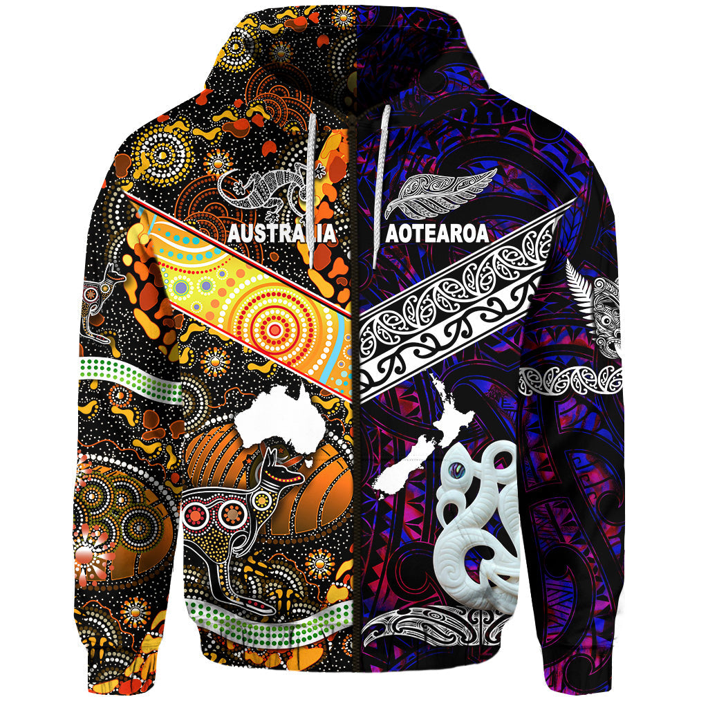 (Custom Personalised) New Zealand Maori Aotearoa And Australia Aboriginal Zip Hoodie Together - Purple, Custom Text And Number LT8 - Vibe Hoodie Shop