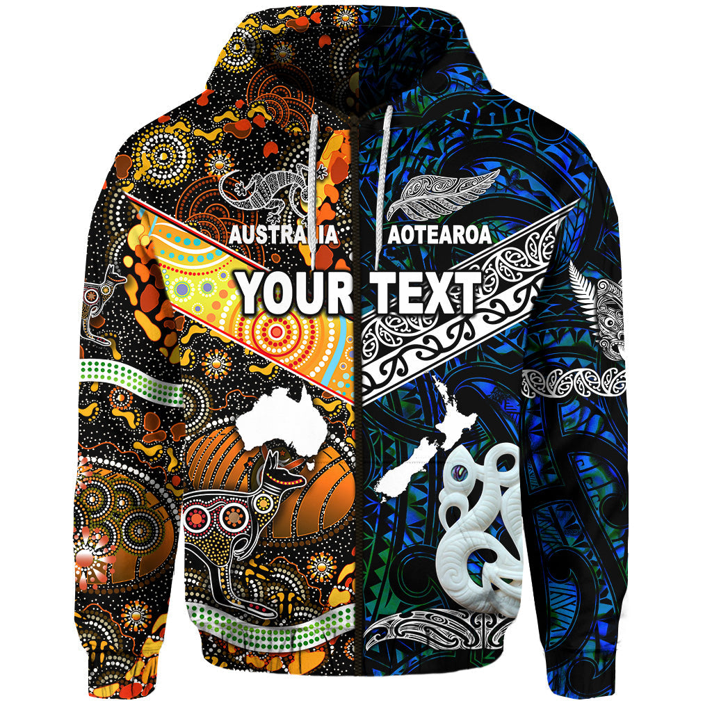 (Custom Personalised) New Zealand Maori Aotearoa And Australia Aboriginal Zip Hoodie Together - Blue LT8 - Vibe Hoodie Shop