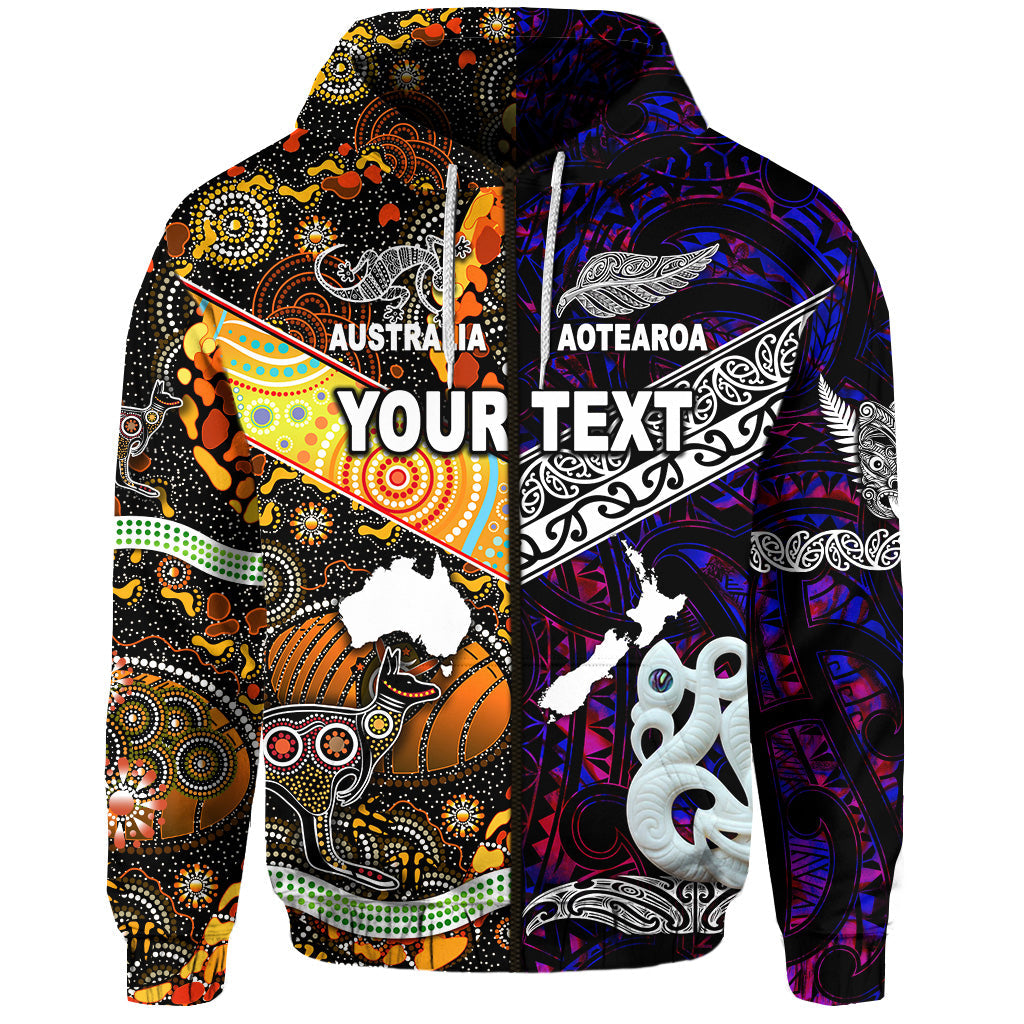 (Custom Personalised) New Zealand Maori Aotearoa And Australia Aboriginal Zip Hoodie Together - Purple LT8 - Vibe Hoodie Shop