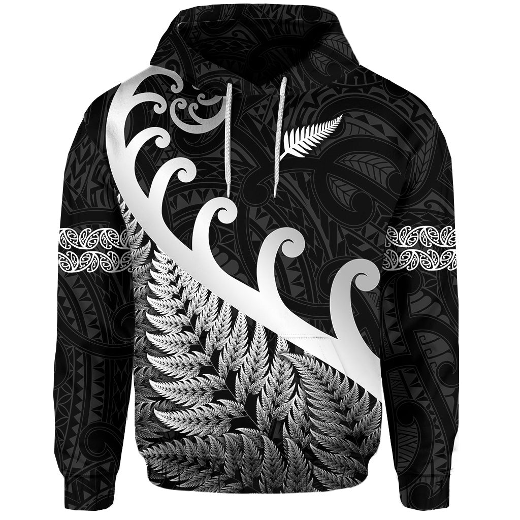 (Custom Personalised) New Zealand Rugby Maori Hoodie Silver Fern Koru Vibes - Black LT8 - Vibe Hoodie Shop