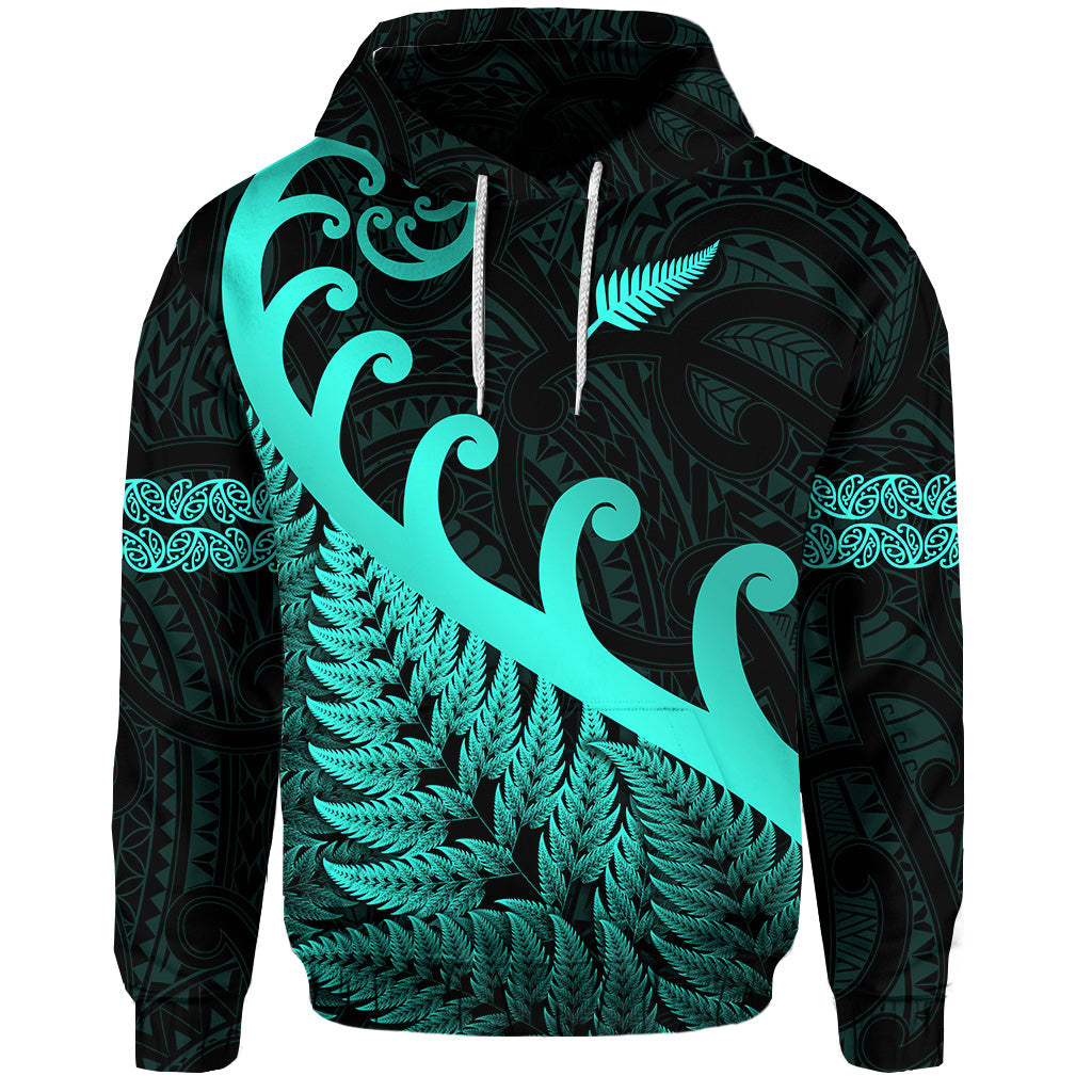 (Custom Personalised) New Zealand Rugby Maori Hoodie Silver Fern Koru Vibes - Turquoise LT8 - Vibe Hoodie Shop