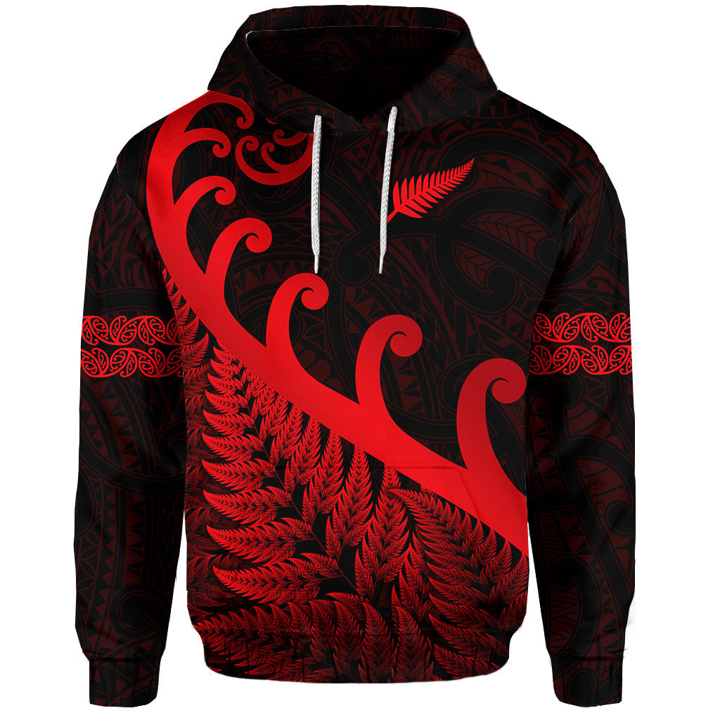 (Custom Personalised) New Zealand Rugby Maori Hoodie Silver Fern Koru Vibes - Red LT8 - Vibe Hoodie Shop