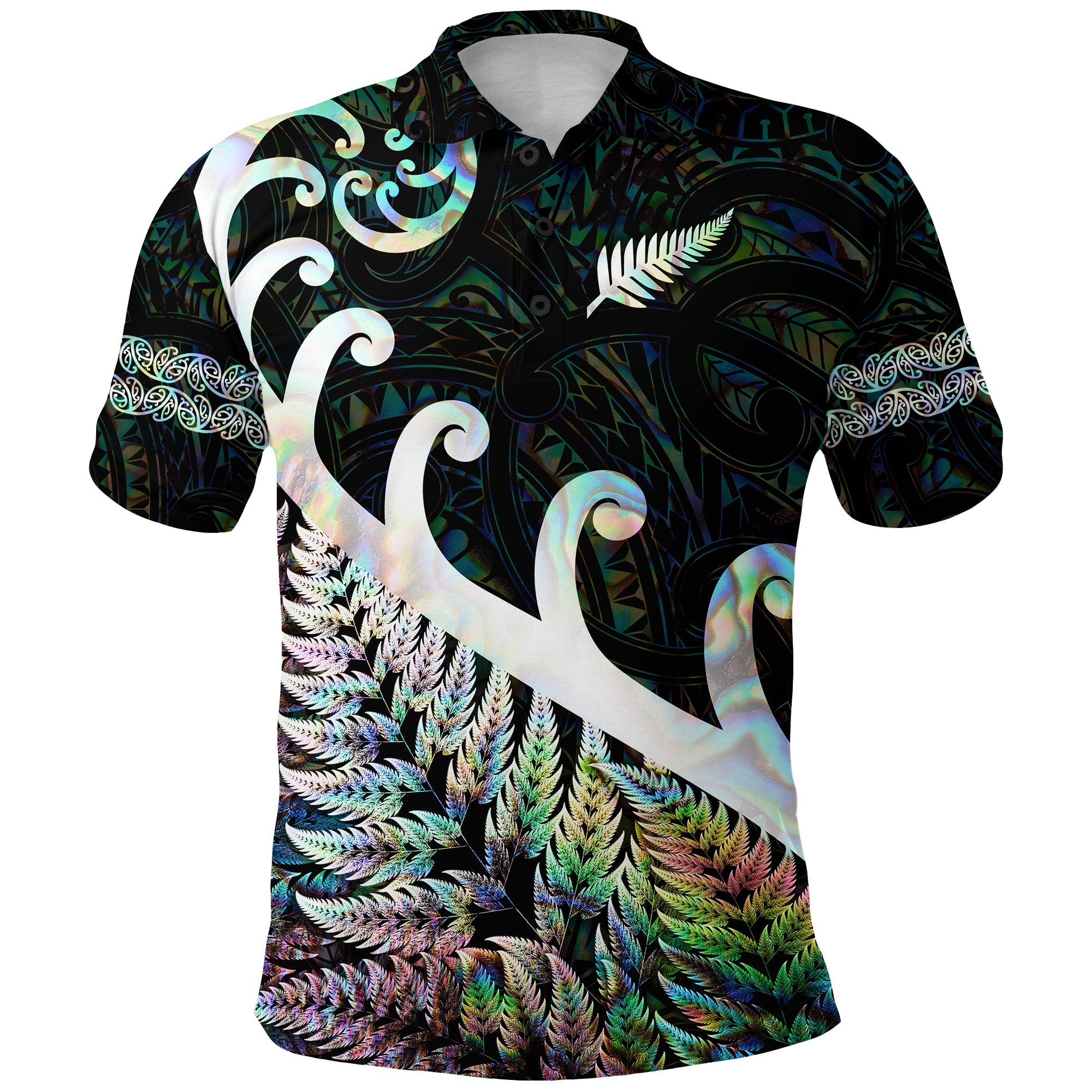 New Zealand Rugby Maori Polo Shirt Silver Fern Koru Vibes - Paua Shell - Vibe Hoodie Shop