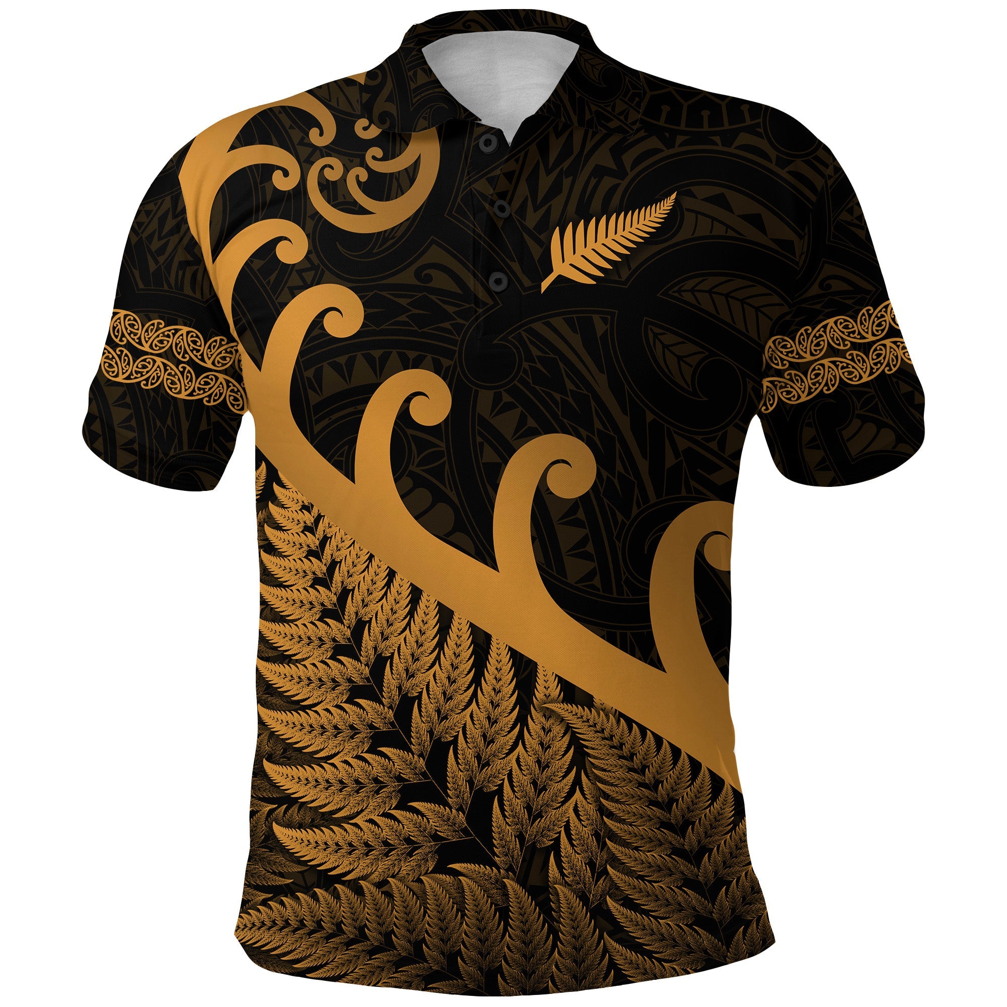 (Custom Personalised) New Zealand Rugby Maori Polo Shirt Silver Fern Koru Vibes - Gold - Vibe Hoodie Shop