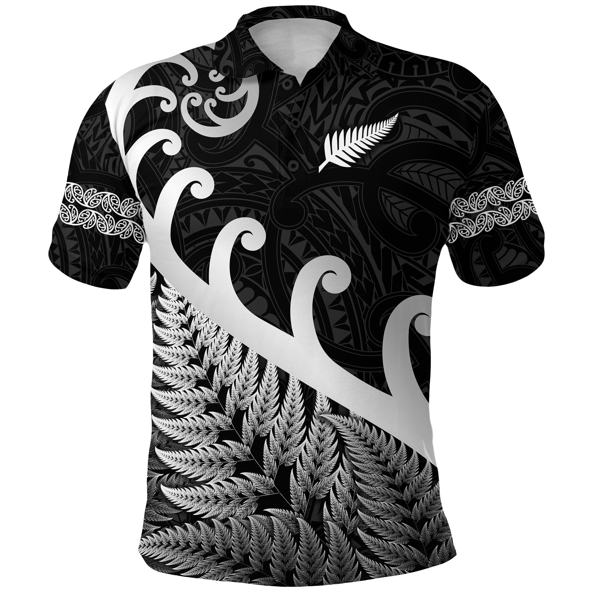 (Custom Personalised) New Zealand Rugby Maori Polo Shirt Silver Fern Koru Vibes - Black - Vibe Hoodie Shop