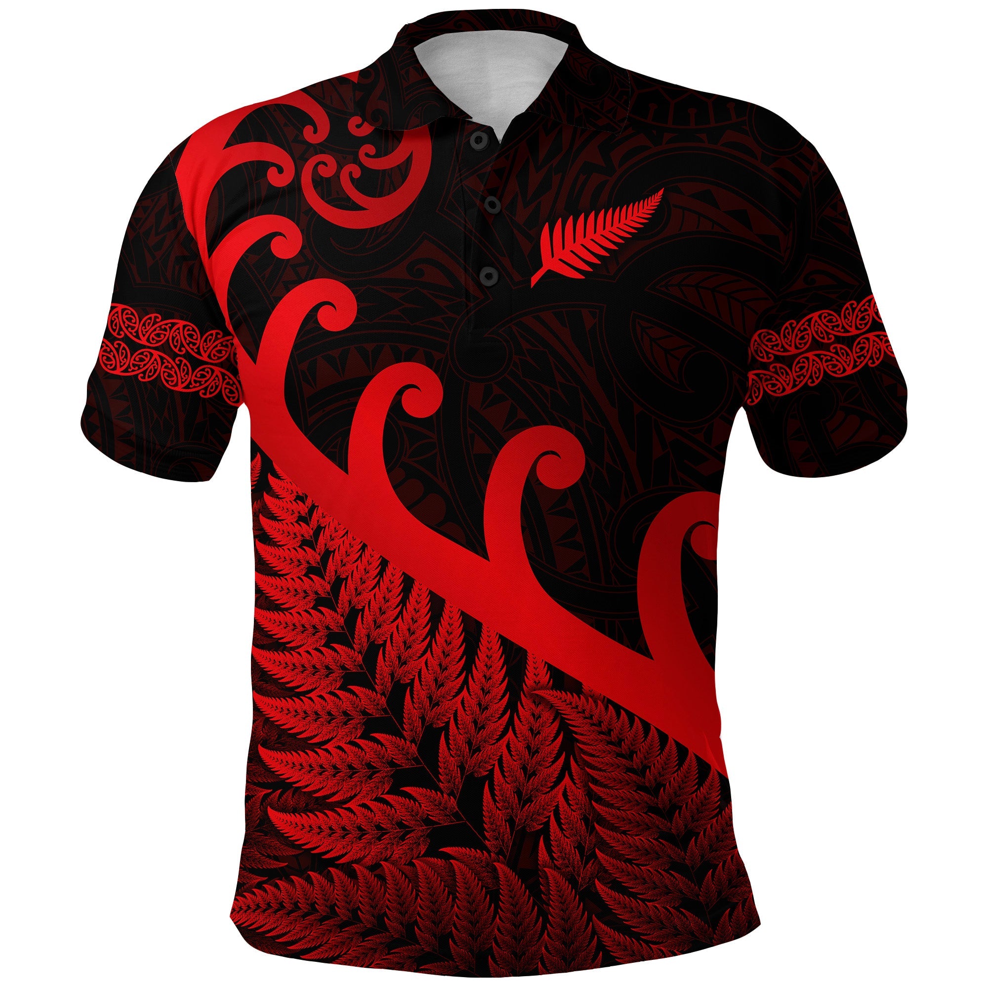 (Custom Personalised) New Zealand Rugby Maori Polo Shirt Silver Fern Koru Vibes - Red - Vibe Hoodie Shop