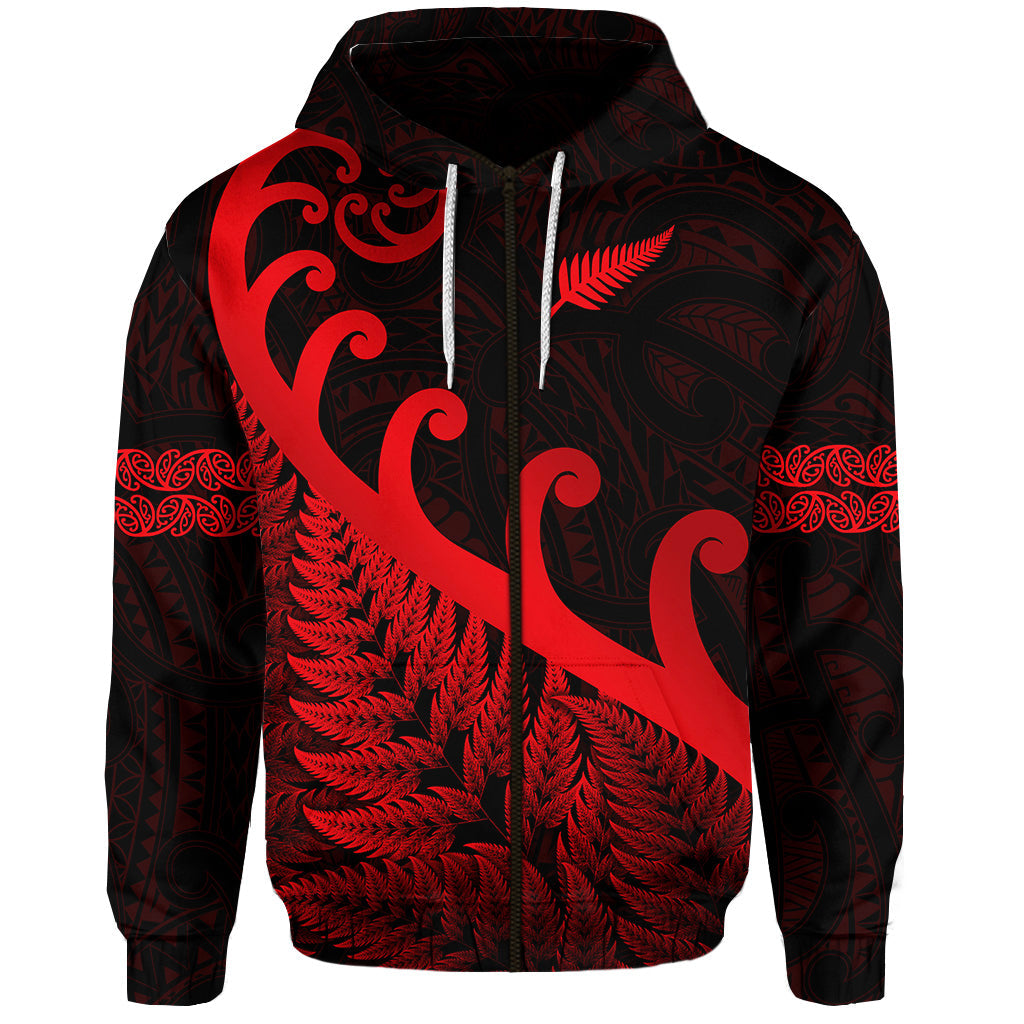 (Custom Personalised) New Zealand Rugby Maori Zip Hoodie Silver Fern Koru Vibes - Red LT8 - Vibe Hoodie Shop