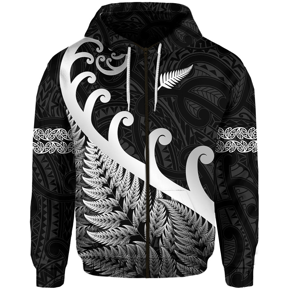 (Custom Personalised) New Zealand Rugby Maori Zip Hoodie Silver Fern Koru Vibes - Black LT8 - Vibe Hoodie Shop