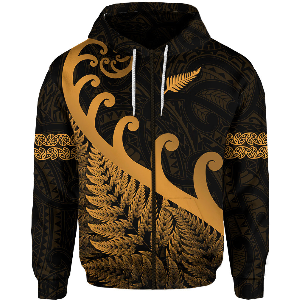 (Custom Personalised) New Zealand Rugby Maori Zip Hoodie Silver Fern Koru Vibes - Gold LT8 - Vibe Hoodie Shop