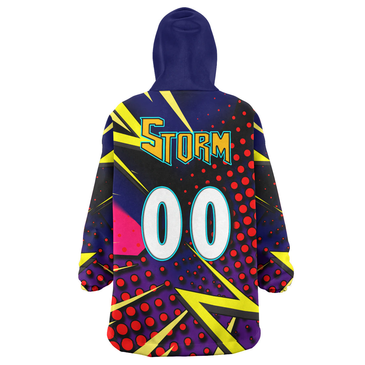 Storm Rugby Snug Hoodie - Custom Storm And Thunder Rugby NRL Grand Final Style Of Dot Background Personalised Player And Number Wearable Blanket Hoodie - Vibe Hoodie Shop