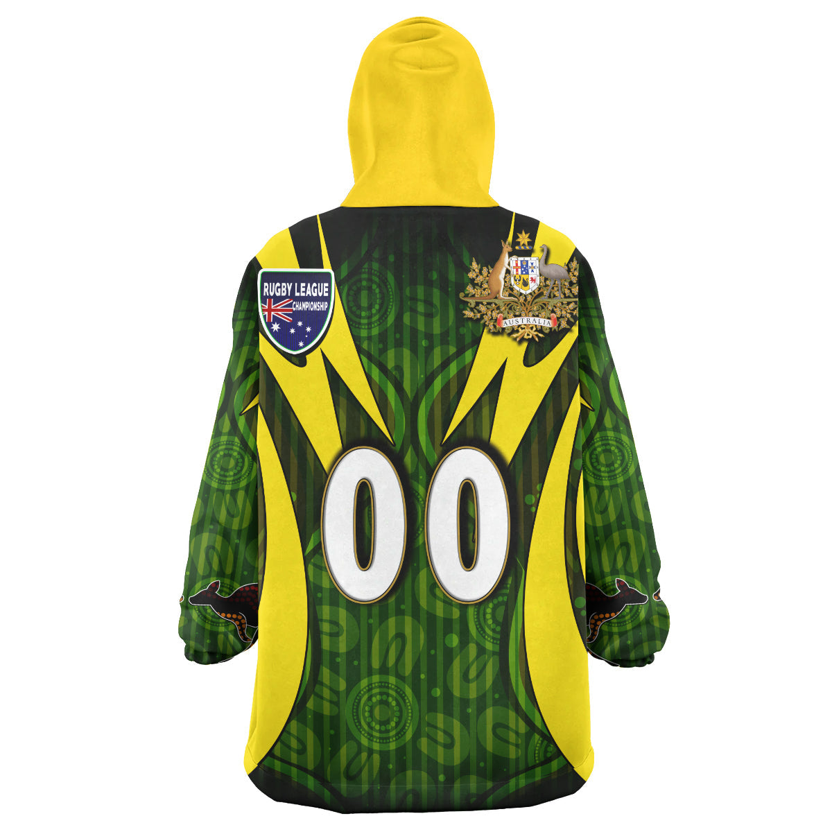 Kangaroos Rugby Snug Hoodie - Custom Kangaroo Rugby League Coat Of Arms Aboriginal Culture Personalised Player And Number Wearable Blanket Hoodie - Vibe Hoodie Shop