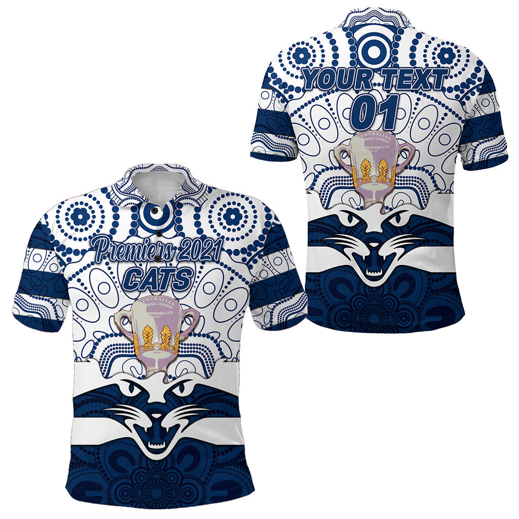 (Custom Personalised) Geelong Cats Indigenous Polo Shirt Football 2021 Premiers - Trophy, Custom Text And Number - Vibe Hoodie Shop