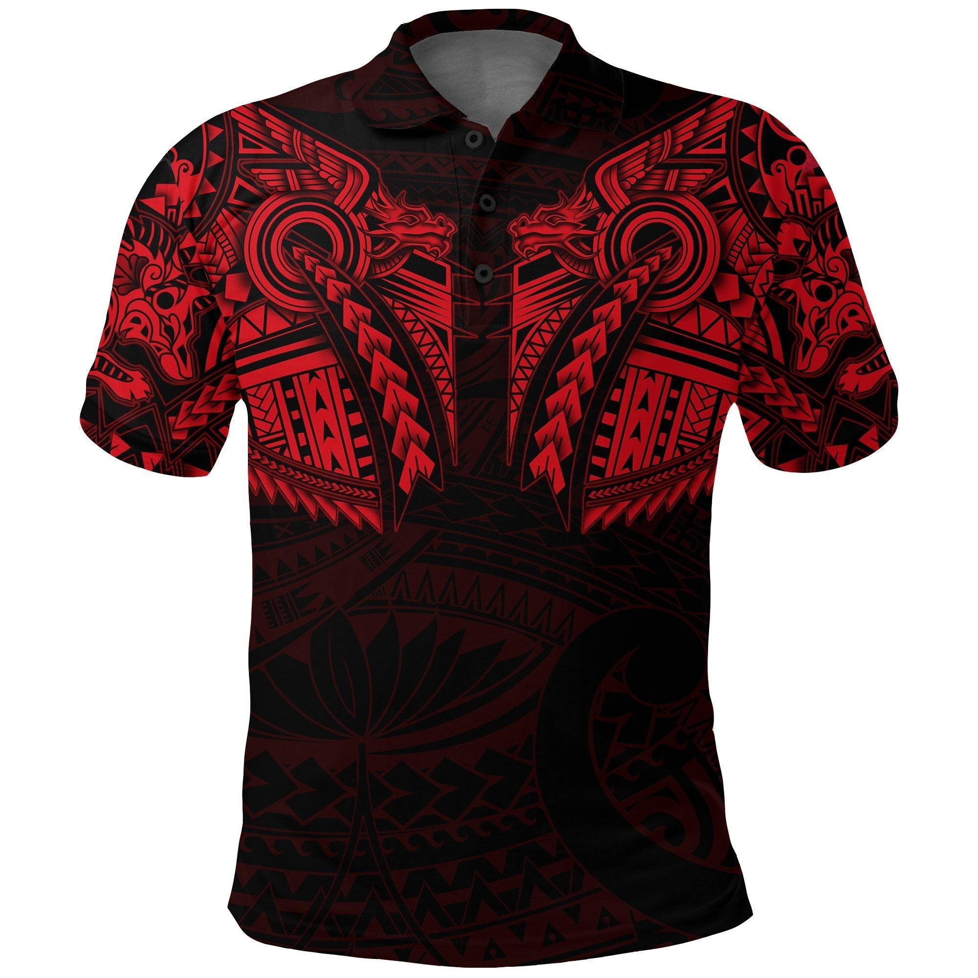 New Zealand Polo Shirt, Maori Tattoo Wolf Dragon Golf Shirt - Red - Vibe Hoodie Shop