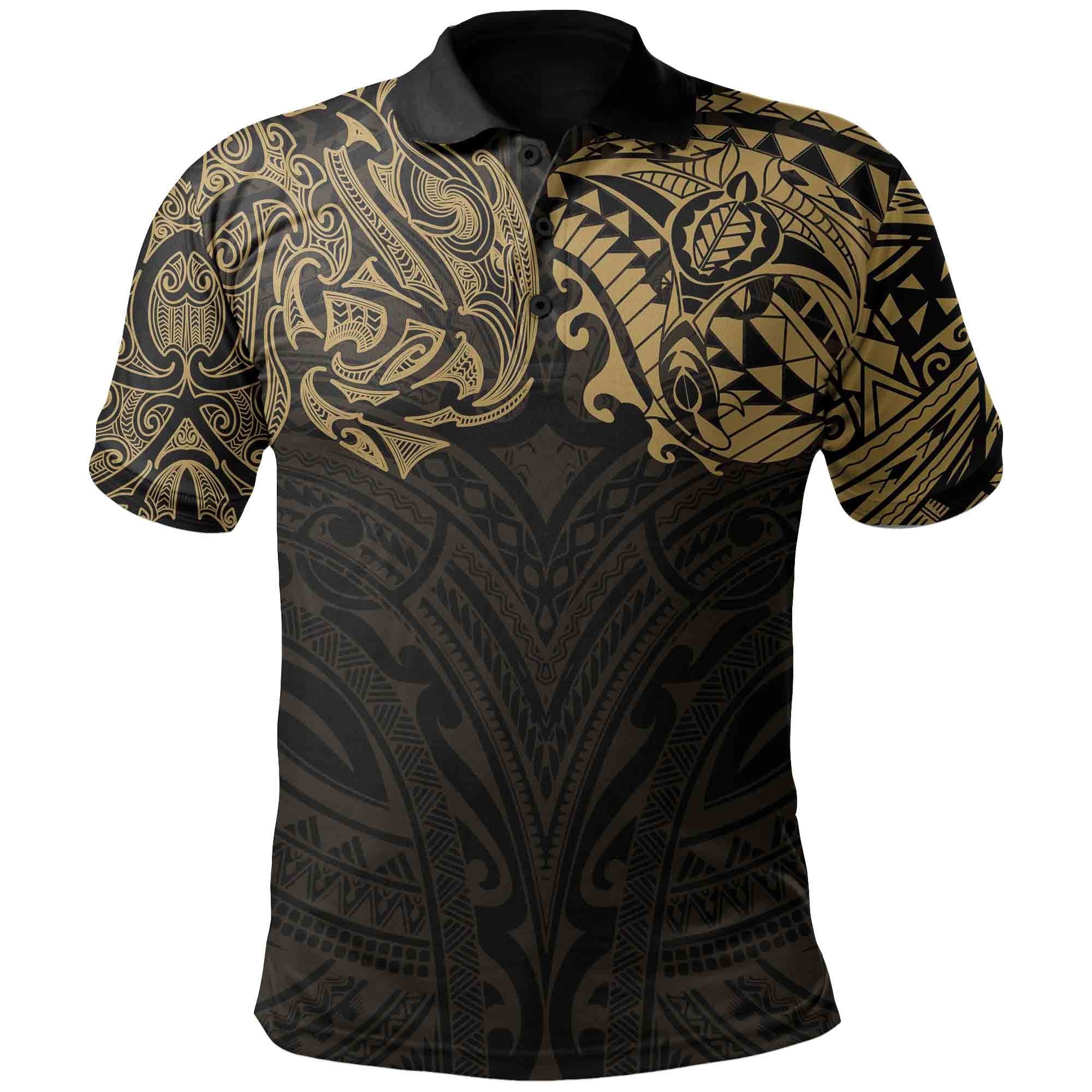 New Zealand Polo Shirt, Maori Polynesian Tattoo Gold - Vibe Hoodie Shop