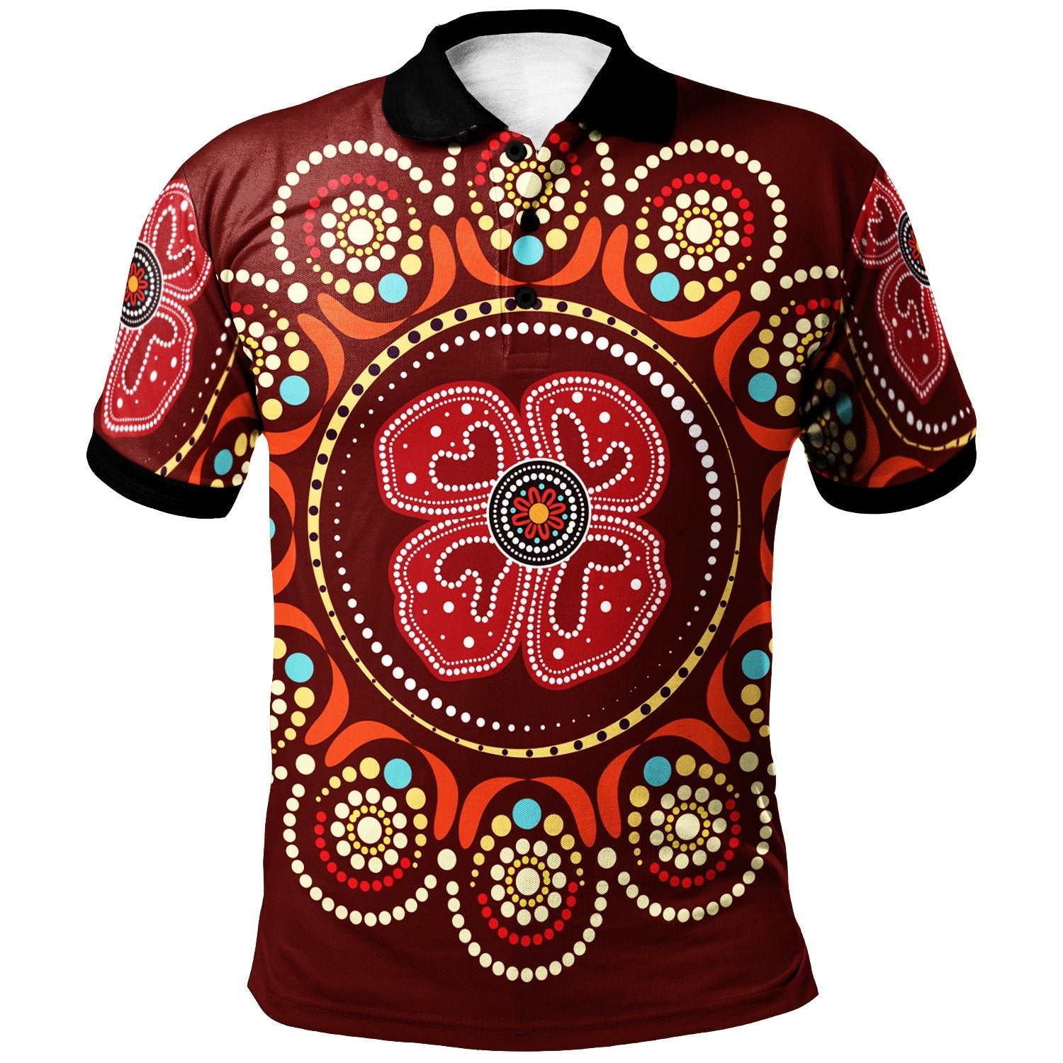 Aboriginal Polo Shirt - Aboriginal Dot Art Painting With Red Poppy Flower - Vibe Hoodie Shop