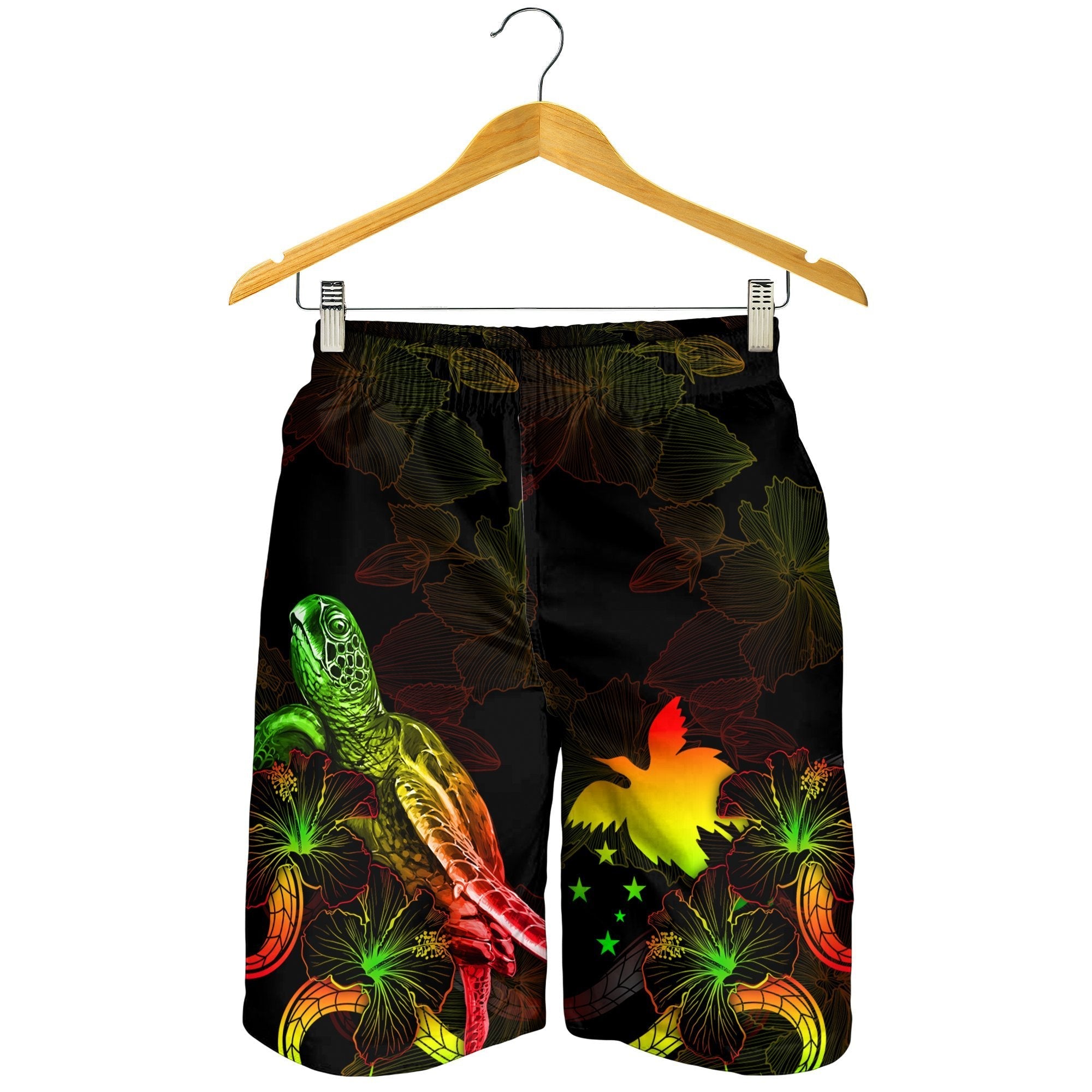 Papua New Guinea Polynesian Men's Shorts - Turtle With Blooming Hibiscus Reggae - Vibe Hoodie Shop