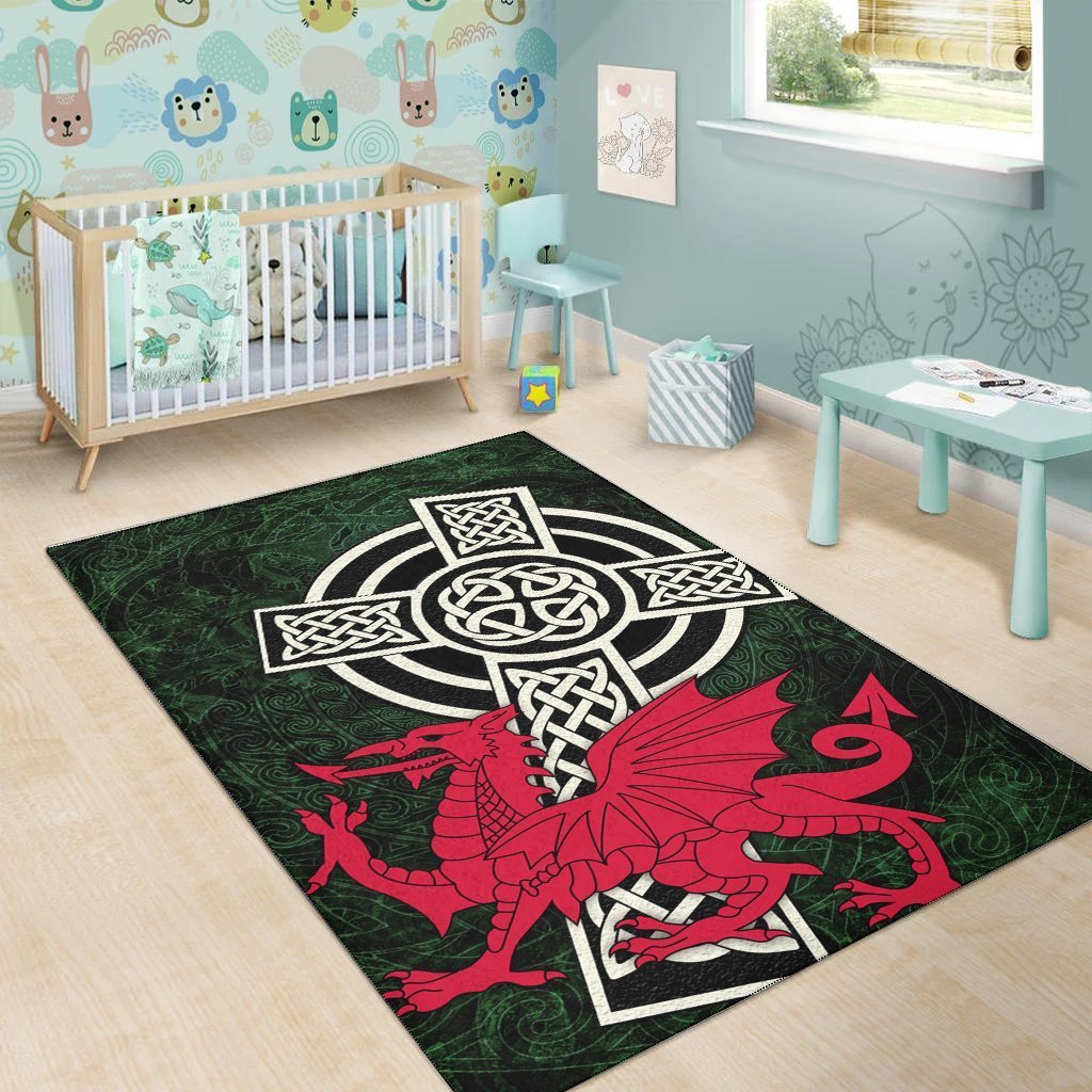 Wales Celtic Area Rug - Celtic Cross and Cymru Skew Style - Vibe Hoodie Shop