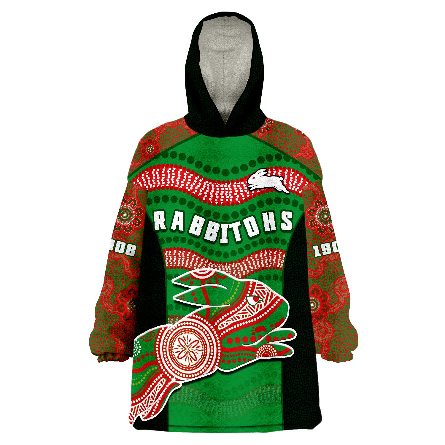 Rabbitohs Rugby Souths 1908 Aboriginal Dot Painting Go Bunnies Wearable Blanket Hoodie - Vibe Hoodie Shop
