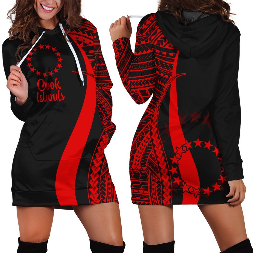 Cook Islands Women's Hoodie Dress - Red Polynesian Tentacle Tribal Pattern - Vibe Hoodie Shop