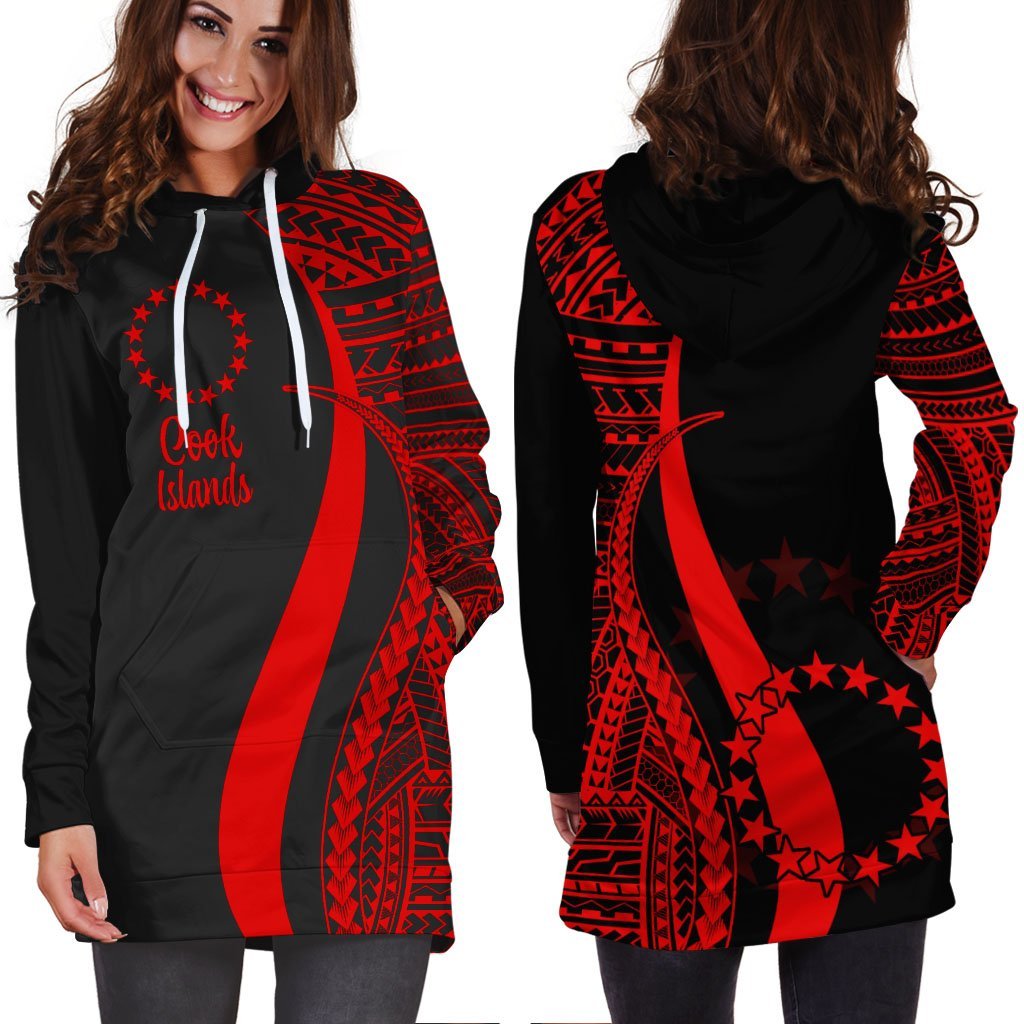 Cook Islands Women's Hoodie Dress - Red Polynesian Tentacle Tribal Pattern - Vibe Hoodie Shop